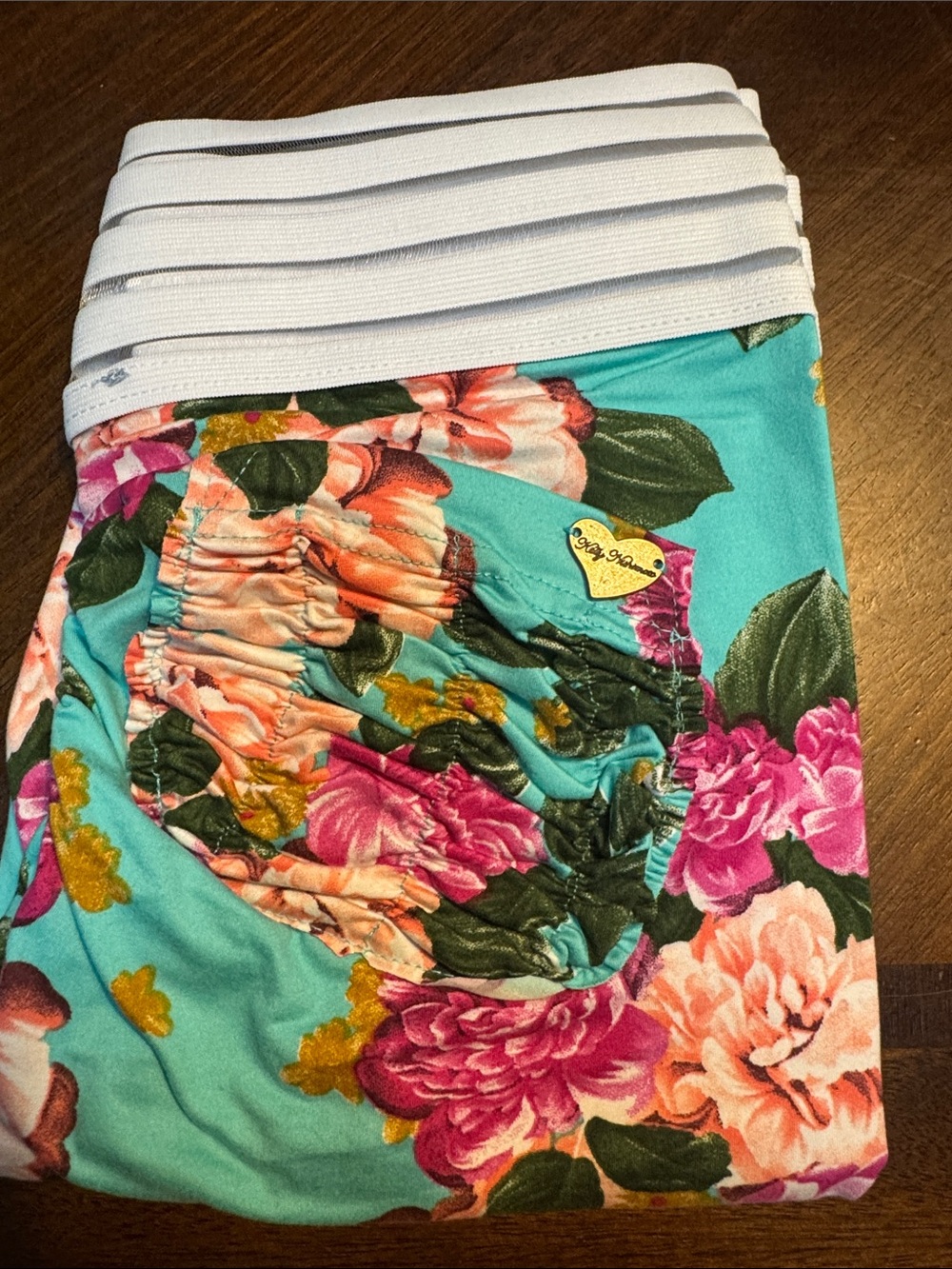 Cute Booty Lounge Teal Floral Leggings with White Waistband